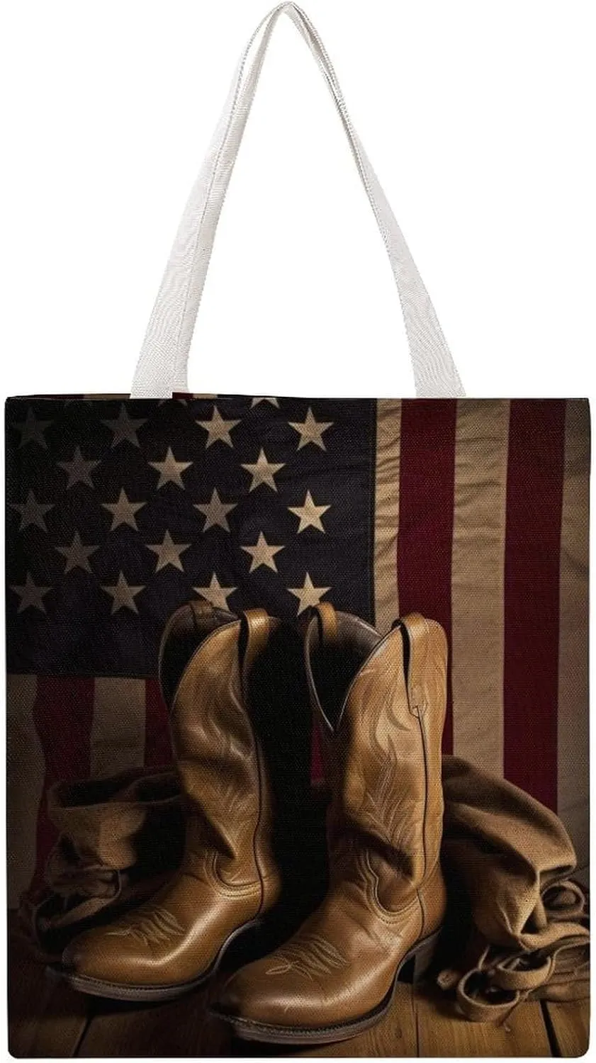 Single Canvas Shopping Bag,American Flag with Cowboy Boots Print Cotton Tote Bag,practical Large Capacity Tote Bag,ladies Tote Bag