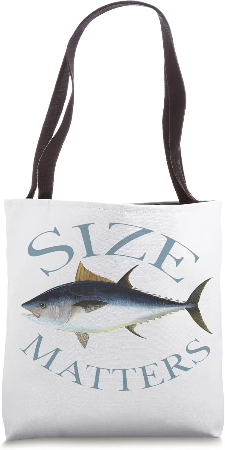 Size Matters Bluefin Tuna Fish Angler Gear Funny Fishing Pun Tote Bag