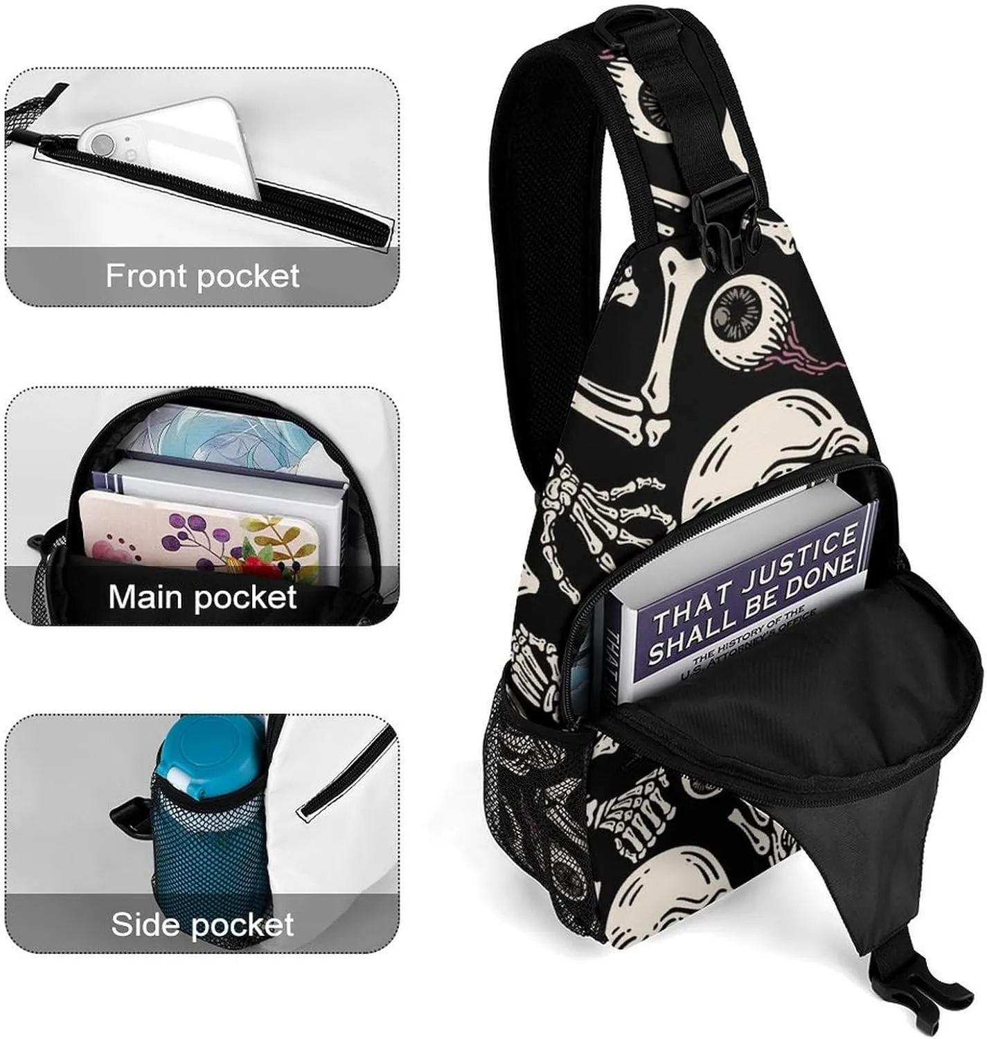 Skull-eyeball-bones-pattern Crossbody Sling Bag for Women Men Travel Chest Bag, Cycling Shoulder Backpack