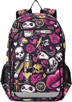 Skull Rose Backpack for Boys Girls Elementary School Bag Kids Bookbag Travel Rucksack With Reflective Stripes