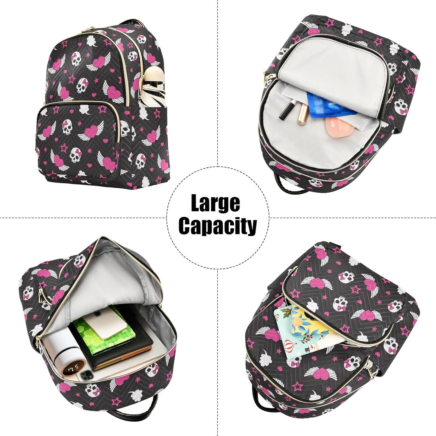 Skull Wings Heart Mini Backpack Fashion Backpack Purse for Women,Handbag Shoulder Bag Casual Daypack, Ladies Gift for College Work (M)