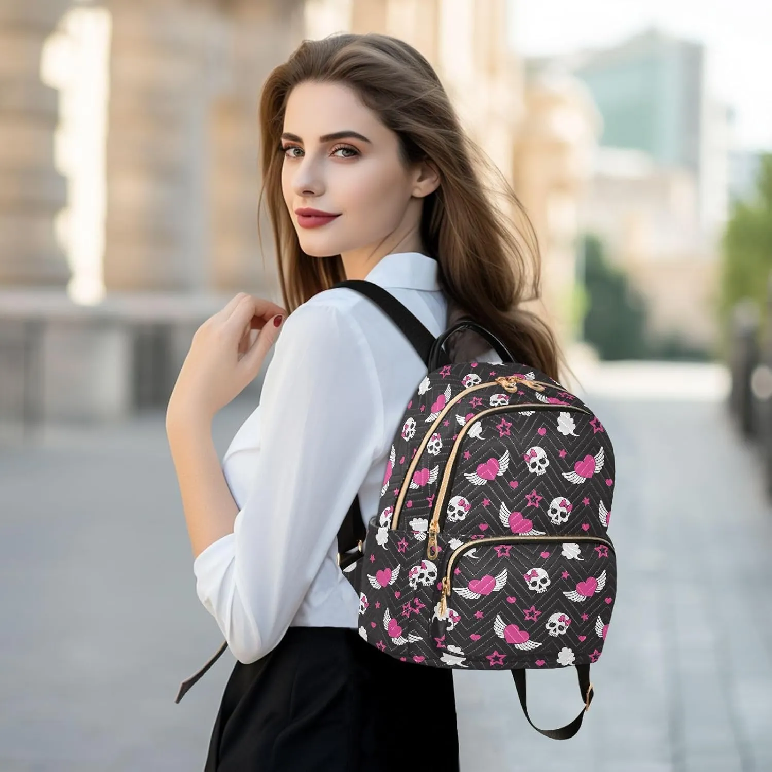 Skull Wings Heart Mini Backpack Fashion Backpack Purse for Women,Handbag Shoulder Bag Casual Daypack, Ladies Gift for College Work (M)