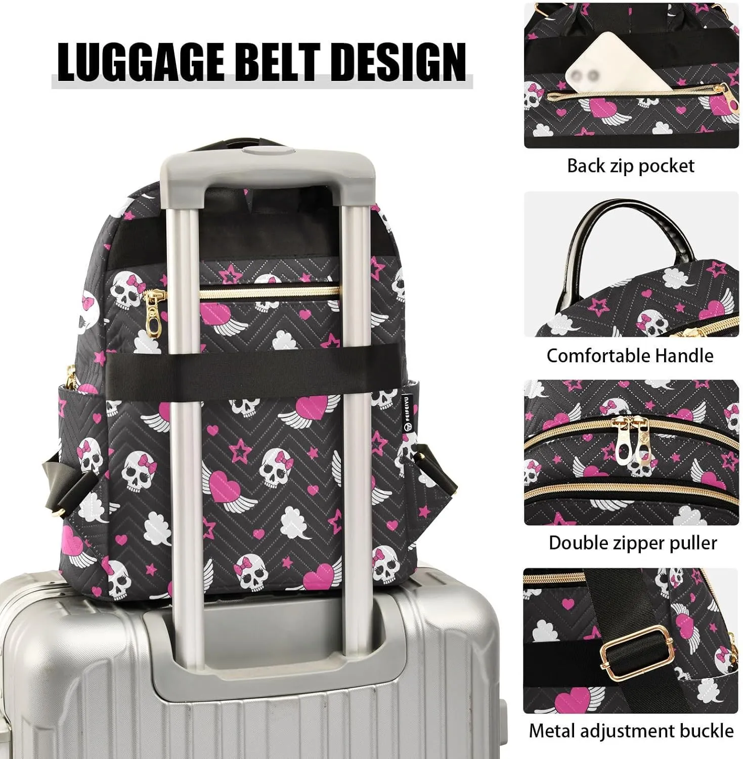 Skull Wings Heart Mini Backpack Fashion Backpack Purse for Women,Handbag Shoulder Bag Casual Daypack, Ladies Gift for College Work (M)