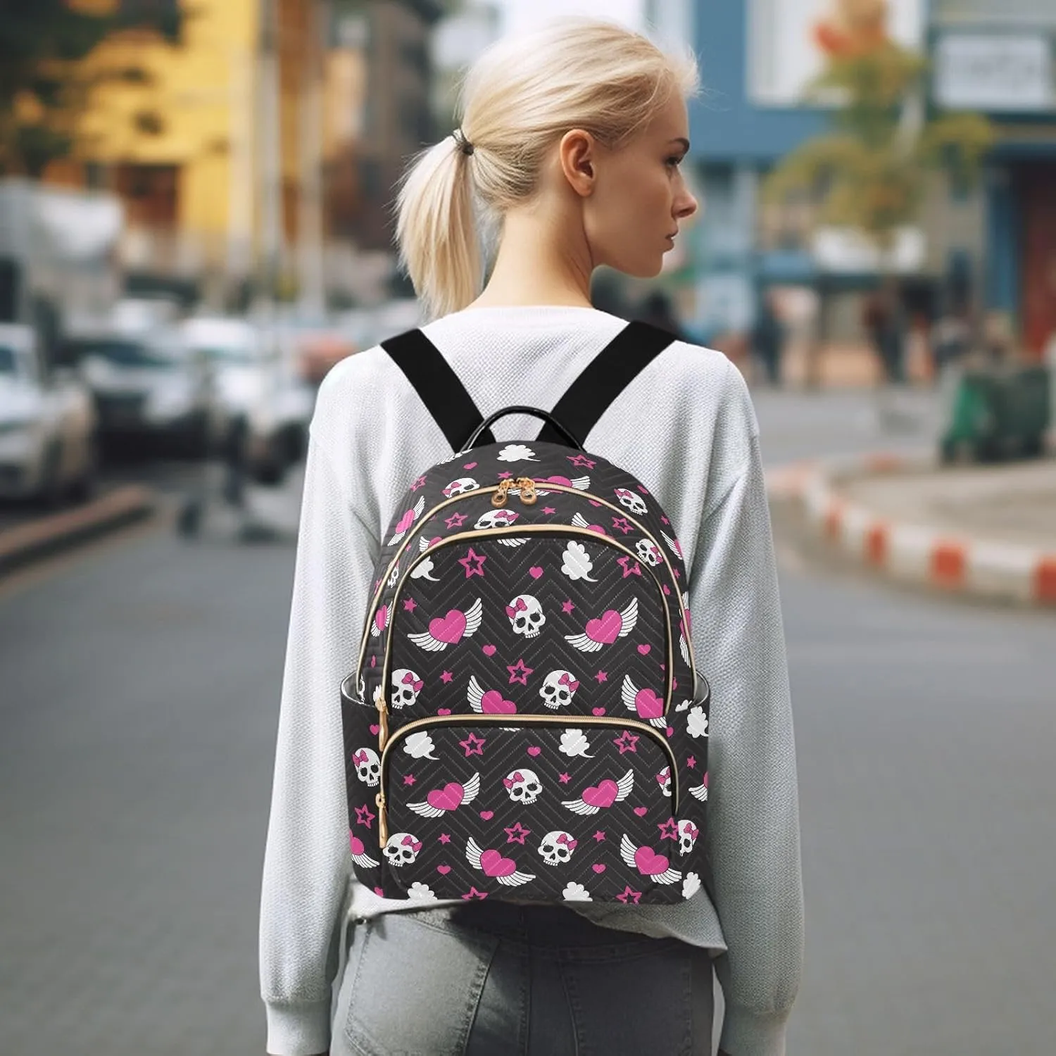 Skull Wings Heart Mini Backpack Fashion Backpack Purse for Women,Handbag Shoulder Bag Casual Daypack, Ladies Gift for College Work (M)
