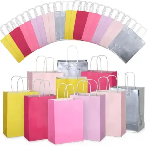 Skyygemm 32 Pcs Paper Gift Bags Bulk with Handle, 6.3 x 3.2 x 8.6 Inch Assorted Colors Kraft Goodie Gift Wrap Bags for Birthday Party Favor Decor(Hot Pink)