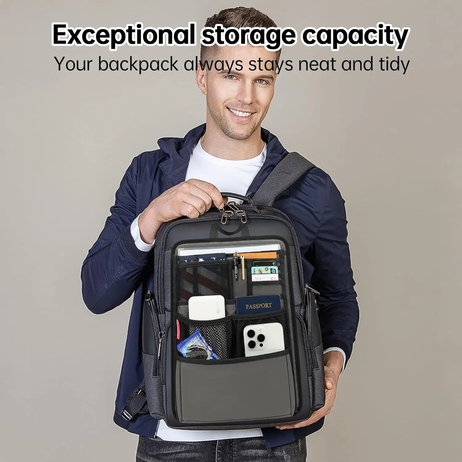 Slim Rugged Backpack Organizer Insert for Travel Work Men Women -13 Pockets,Padded Nylon, Handle - Blue
