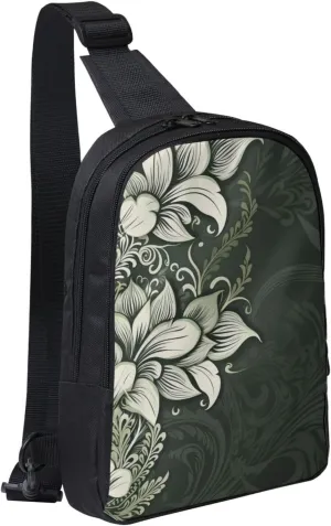 Sling Backpack Crossbody Sling Bag for Men Women Cross Chest Bag Dark green and white pattern Shoulder Bag Travel Hiking Daypack