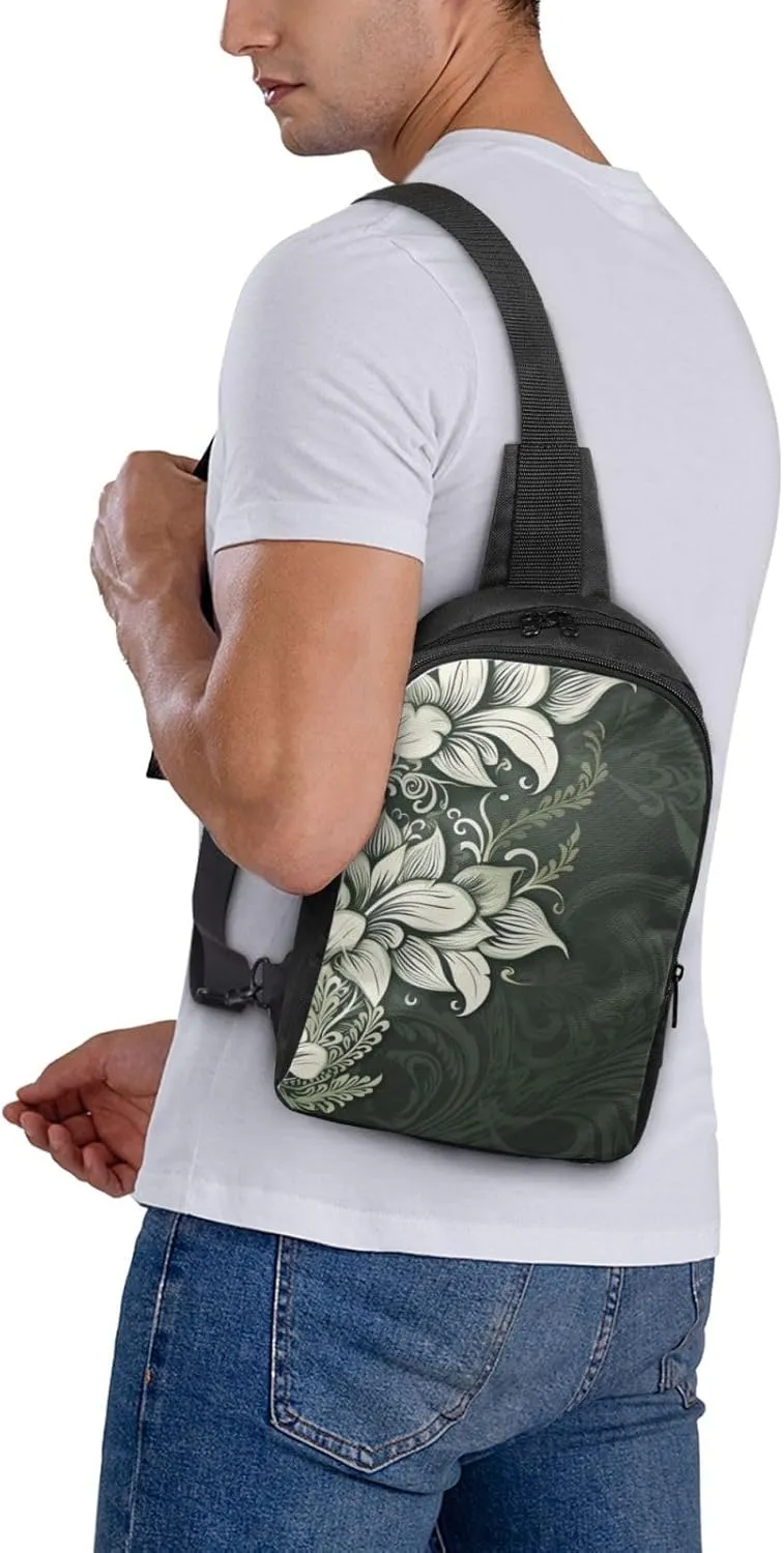 Sling Backpack Crossbody Sling Bag for Men Women Cross Chest Bag Dark green and white pattern Shoulder Bag Travel Hiking Daypack