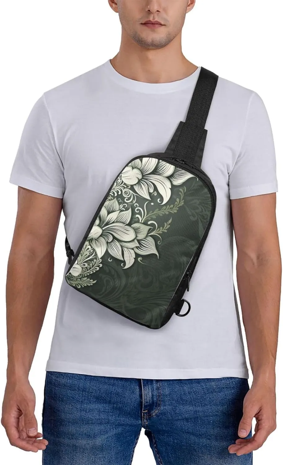 Sling Backpack Crossbody Sling Bag for Men Women Cross Chest Bag Dark green and white pattern Shoulder Bag Travel Hiking Daypack