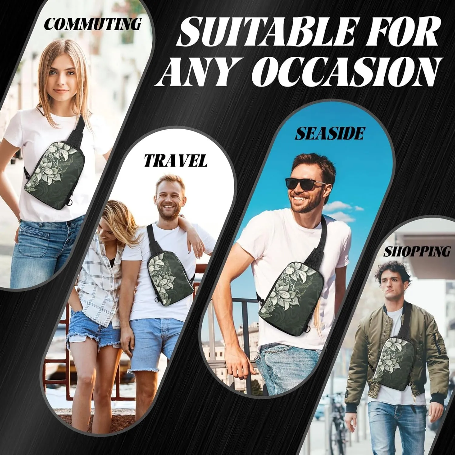 Sling Backpack Crossbody Sling Bag for Men Women Cross Chest Bag Dark green and white pattern Shoulder Bag Travel Hiking Daypack