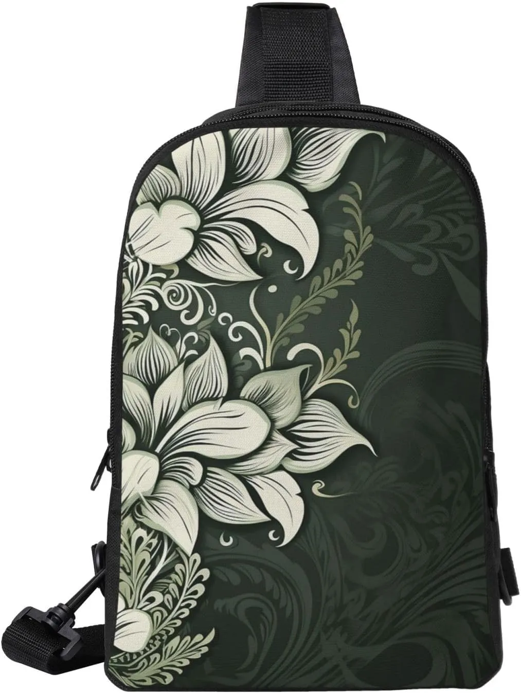 Sling Backpack Crossbody Sling Bag for Men Women Cross Chest Bag Dark green and white pattern Shoulder Bag Travel Hiking Daypack
