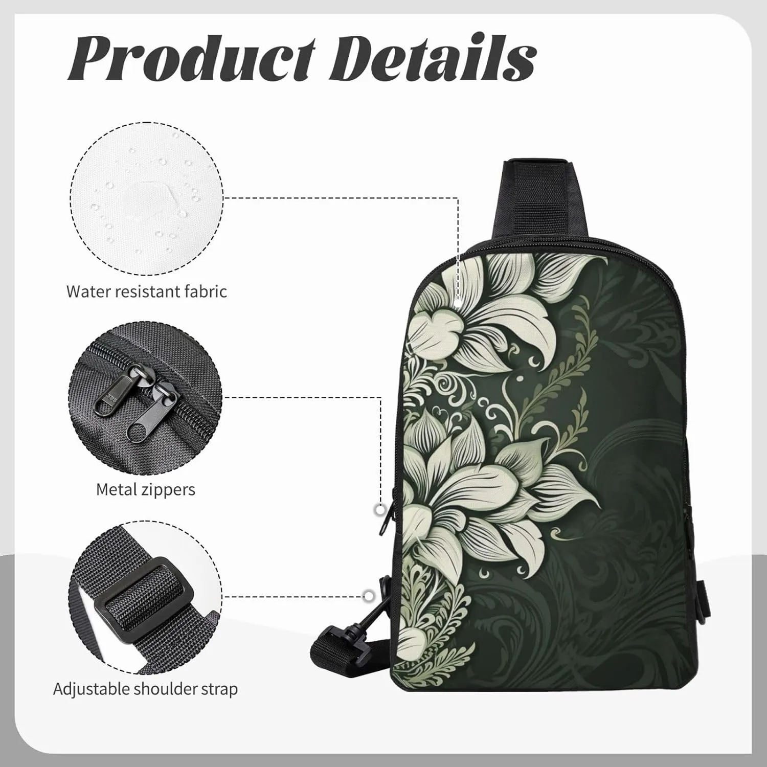 Sling Backpack Crossbody Sling Bag for Men Women Cross Chest Bag Dark green and white pattern Shoulder Bag Travel Hiking Daypack