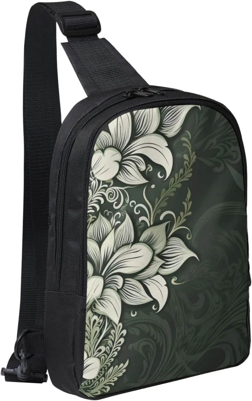 Sling Backpack Crossbody Sling Bag for Men Women Cross Chest Bag Dark green and white pattern Shoulder Bag Travel Hiking Daypack