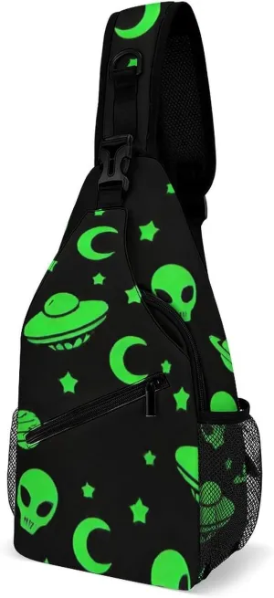 Sling Shoulder Backpack for Women Men Multipurpose Anti-Theft Casual Carrying Tote Case Crossbody Travel Bag Tactical Satchel, Alien Funny Spaceships Planet Art Rucksack