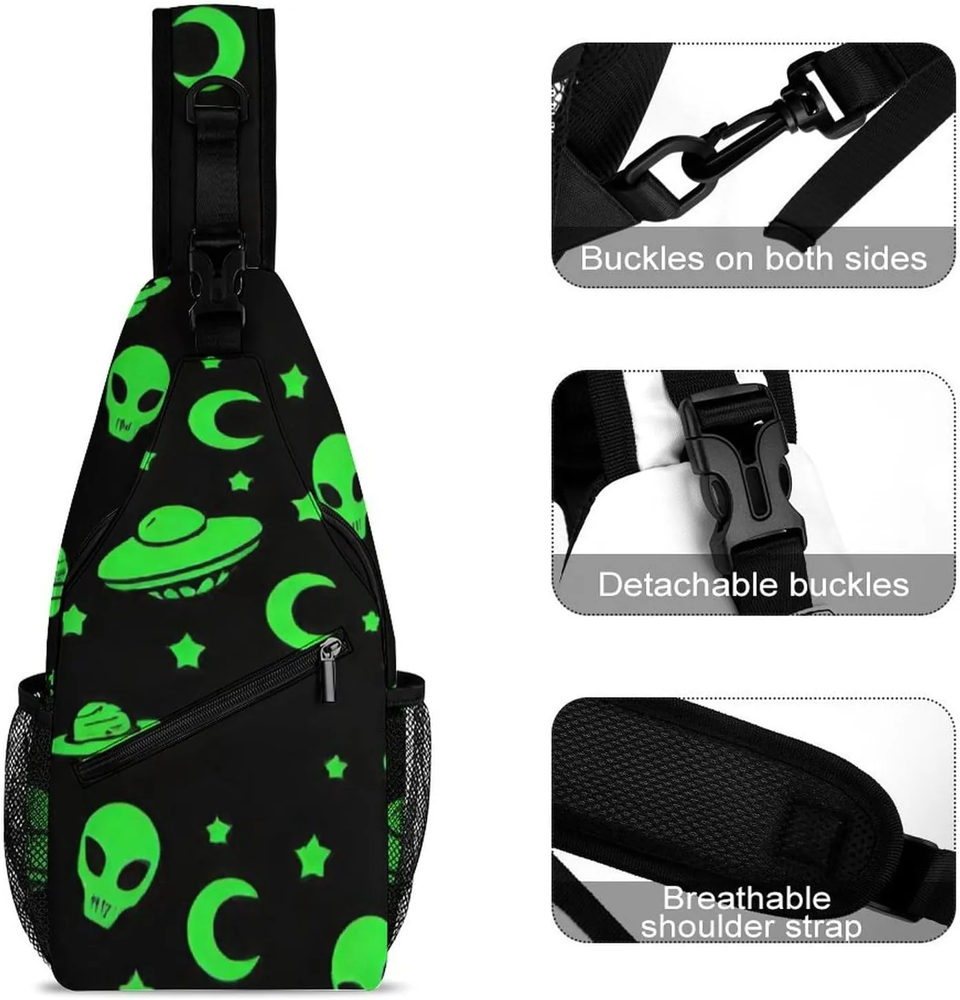 Sling Shoulder Backpack for Women Men Multipurpose Anti-Theft Casual Carrying Tote Case Crossbody Travel Bag Tactical Satchel, Alien Funny Spaceships Planet Art Rucksack