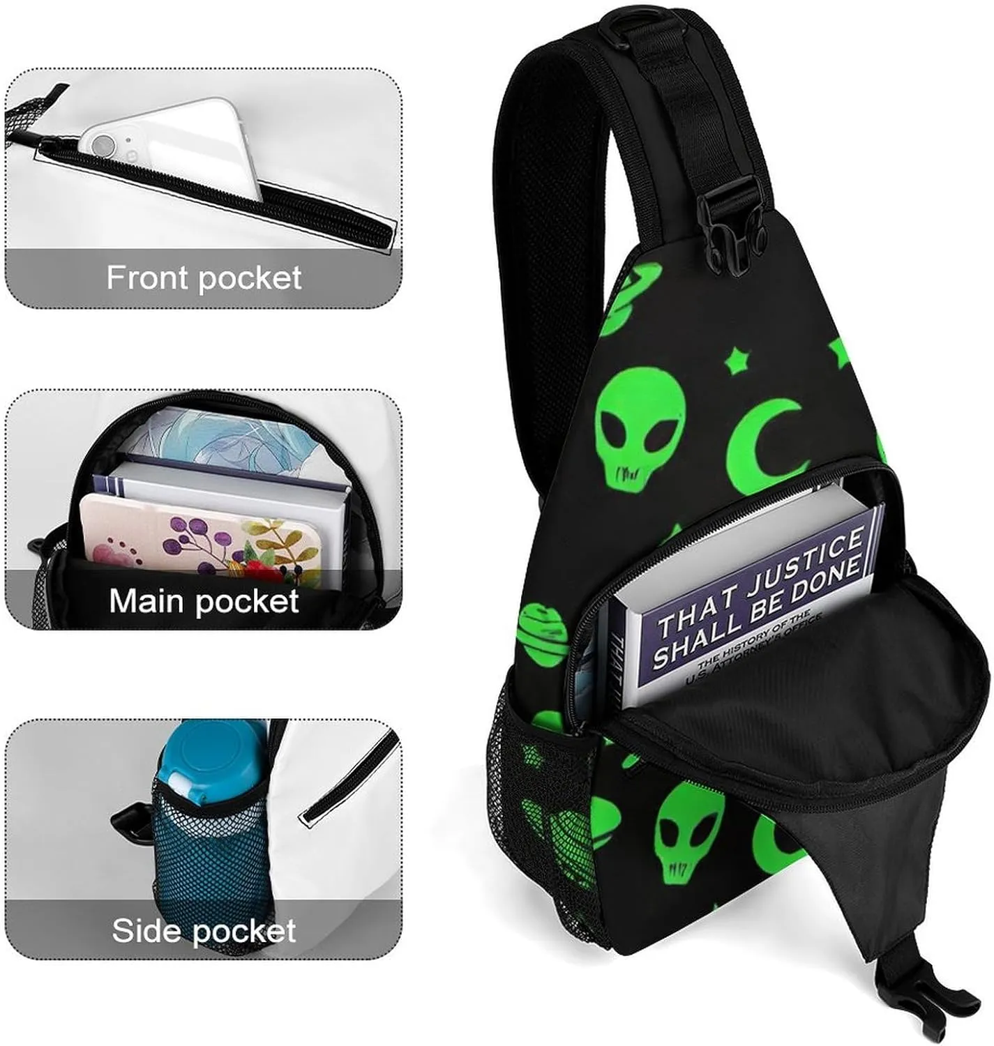 Sling Shoulder Backpack for Women Men Multipurpose Anti-Theft Casual Carrying Tote Case Crossbody Travel Bag Tactical Satchel, Alien Funny Spaceships Planet Art Rucksack