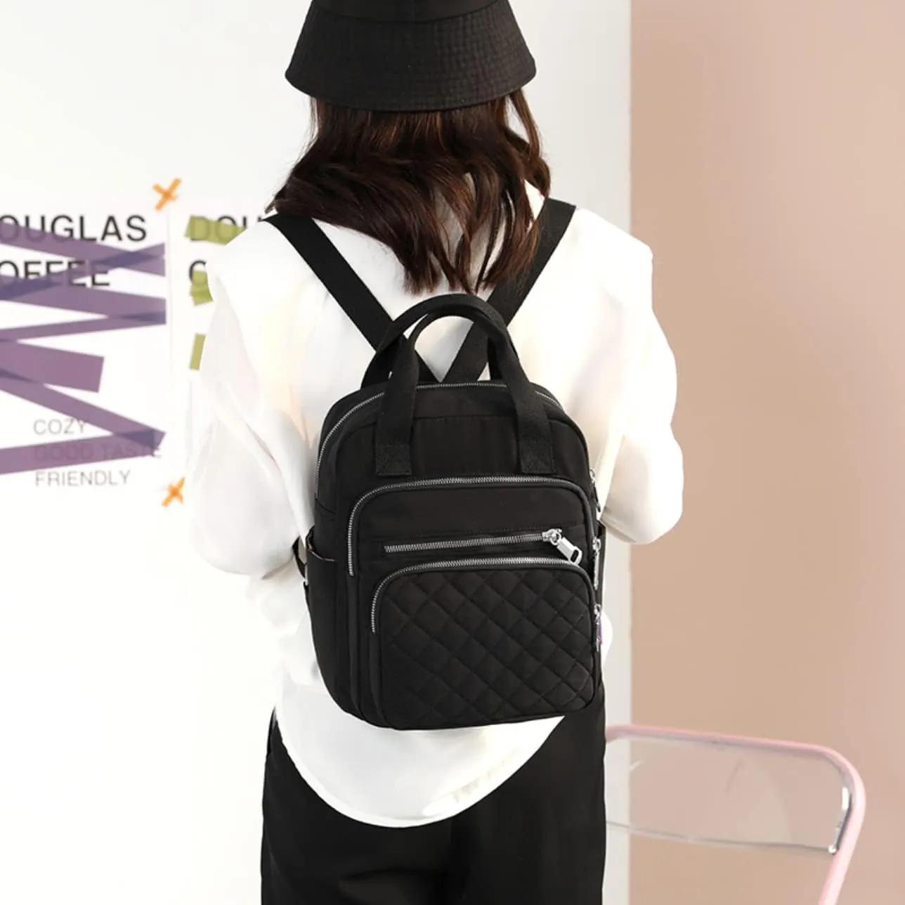 Small Casual Lightweight Backpack for Women, Nylon Hiking Travel Mini Backpack Purse Shoulder Waterproof Daypack (Black)