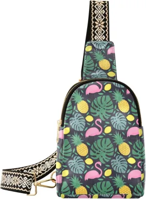 Small Sling Bag for Women Dark Blue Leather Fanny Pack Crossbody Bag Flamingos Fruits Leaves Chest Bag Trendy Fashion Waist Packs for Outdoor Travel Sports Hiking