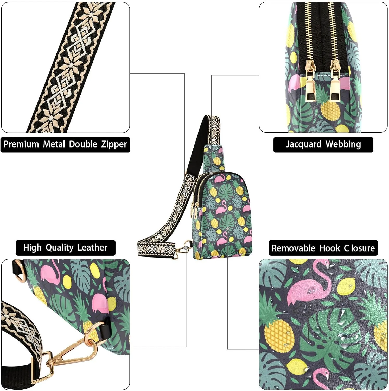 Small Sling Bag for Women Dark Blue Leather Fanny Pack Crossbody Bag Flamingos Fruits Leaves Chest Bag Trendy Fashion Waist Packs for Outdoor Travel Sports Hiking
