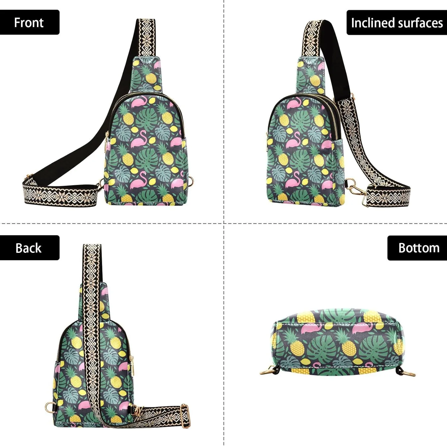Small Sling Bag for Women Dark Blue Leather Fanny Pack Crossbody Bag Flamingos Fruits Leaves Chest Bag Trendy Fashion Waist Packs for Outdoor Travel Sports Hiking