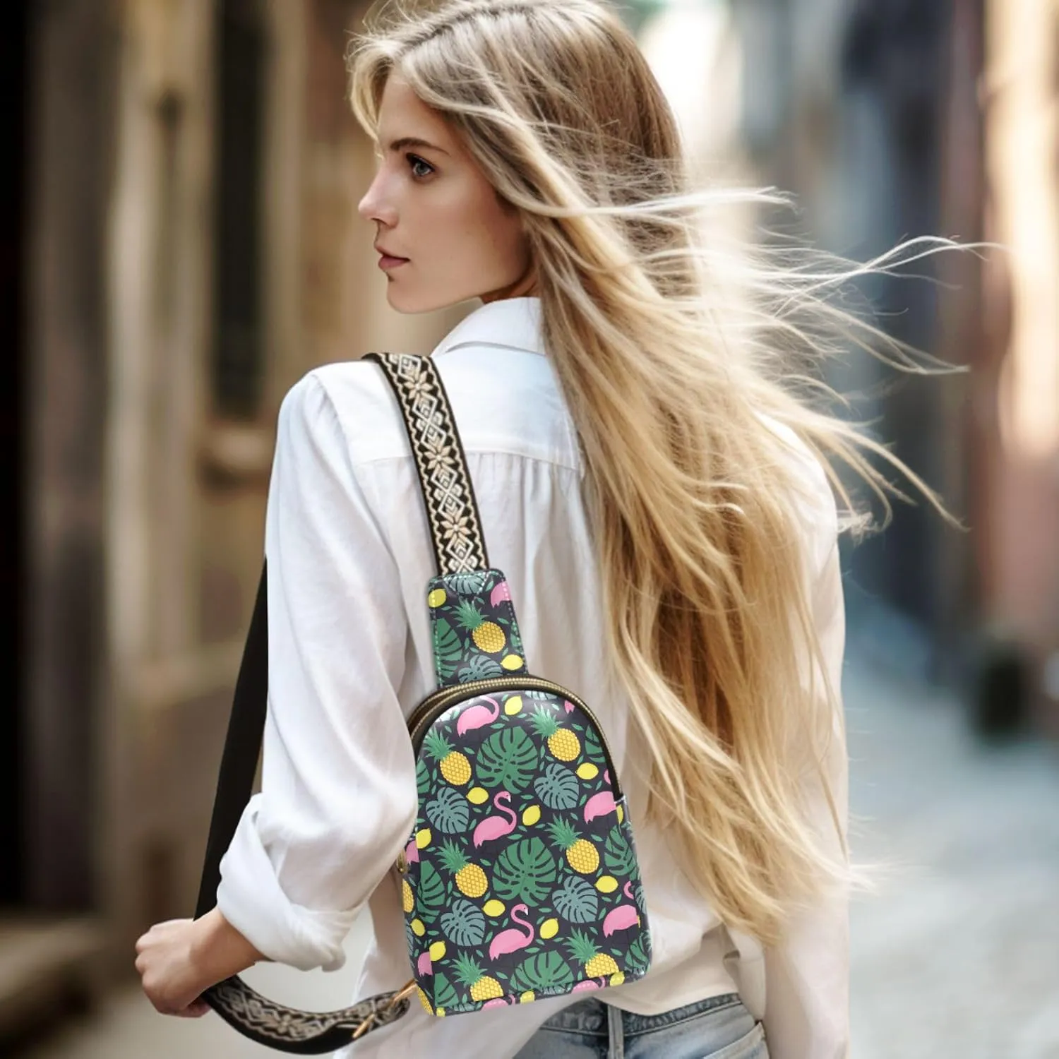 Small Sling Bag for Women Dark Blue Leather Fanny Pack Crossbody Bag Flamingos Fruits Leaves Chest Bag Trendy Fashion Waist Packs for Outdoor Travel Sports Hiking