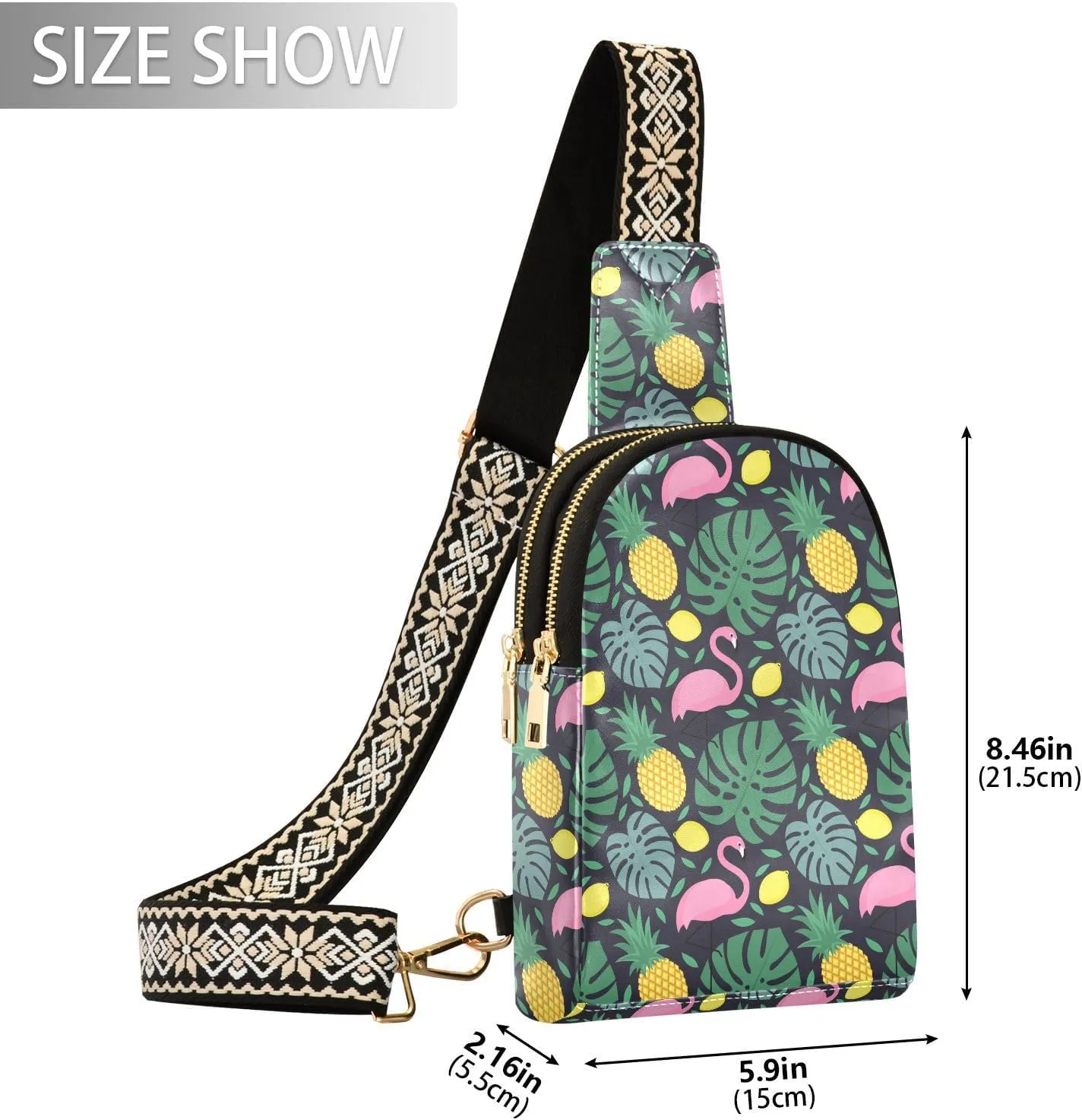 Small Sling Bag for Women Dark Blue Leather Fanny Pack Crossbody Bag Flamingos Fruits Leaves Chest Bag Trendy Fashion Waist Packs for Outdoor Travel Sports Hiking