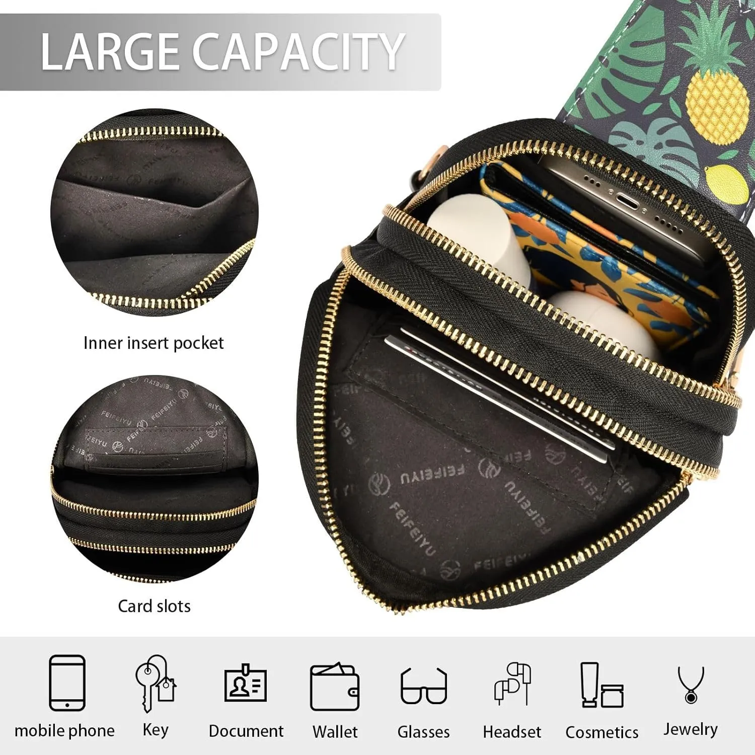 Small Sling Bag for Women Dark Blue Leather Fanny Pack Crossbody Bag Flamingos Fruits Leaves Chest Bag Trendy Fashion Waist Packs for Outdoor Travel Sports Hiking