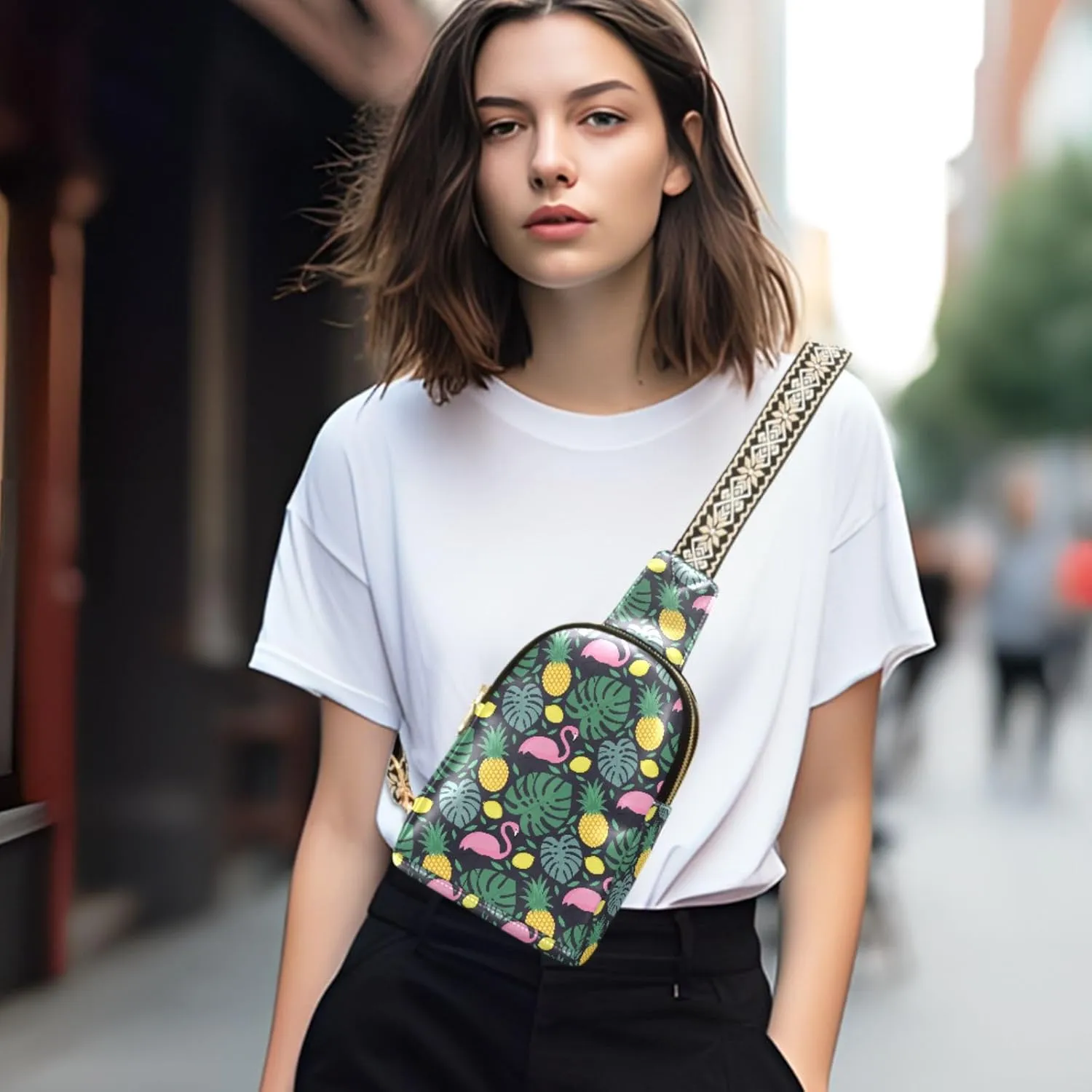 Small Sling Bag for Women Dark Blue Leather Fanny Pack Crossbody Bag Flamingos Fruits Leaves Chest Bag Trendy Fashion Waist Packs for Outdoor Travel Sports Hiking