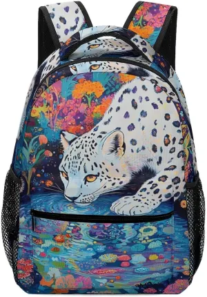 Snow Leopard Psychedelic Garden Stream Casual Daypack Backpack Laptop Bag Cute Unisex for Travel Business Work