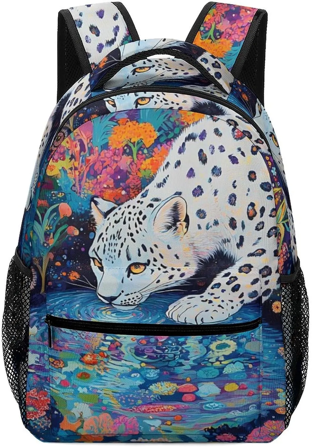Snow Leopard Psychedelic Garden Stream Casual Daypack Backpack Laptop Bag Cute Unisex for Travel Business Work