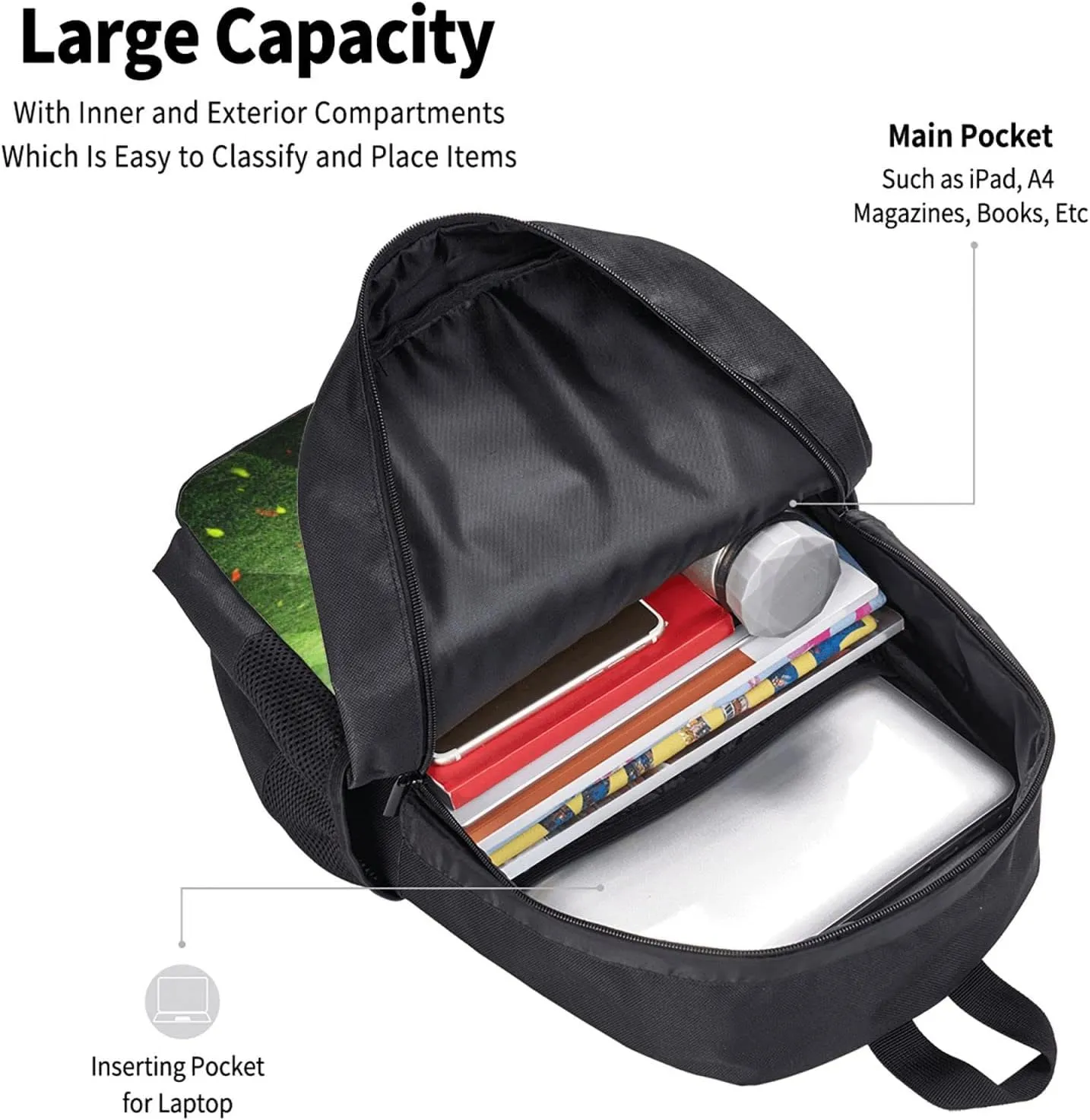 Soccer Backpack, Simple and Aesthetic Bookbag for Women Men, Lightweight Adjustable Black Backpack for Travel Outdoor Sports, Large Capacity Laptop Bag for Business Office