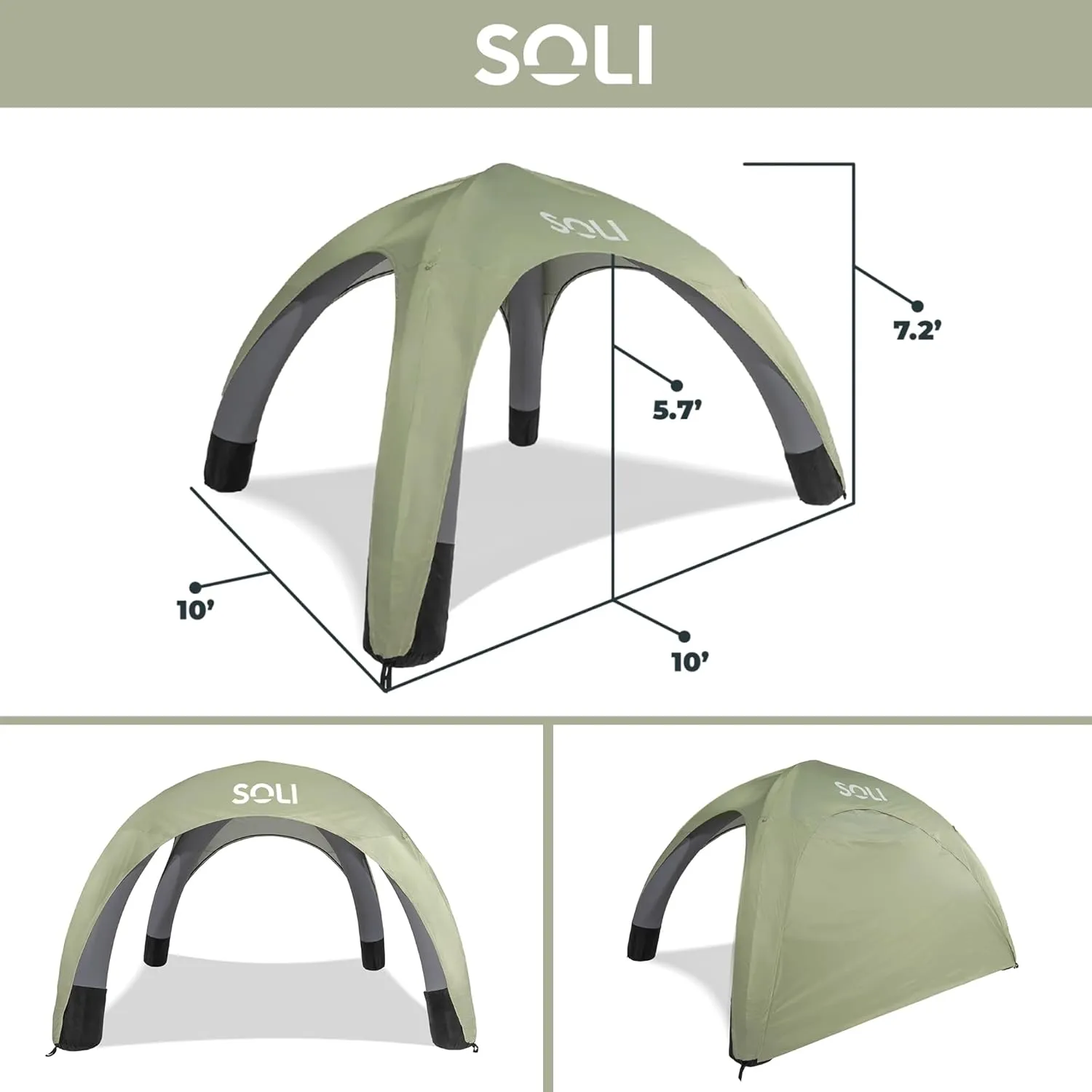 SOLI Inflatable Shade Air Canopy - Quick Self-Inflating Sun Shelter with Air Pump, UPF 50  Sun Protection, Travel-Friendly, Stable Anchors for Beach, Camping & Backyard Use (Sage Green) - 10 ft
