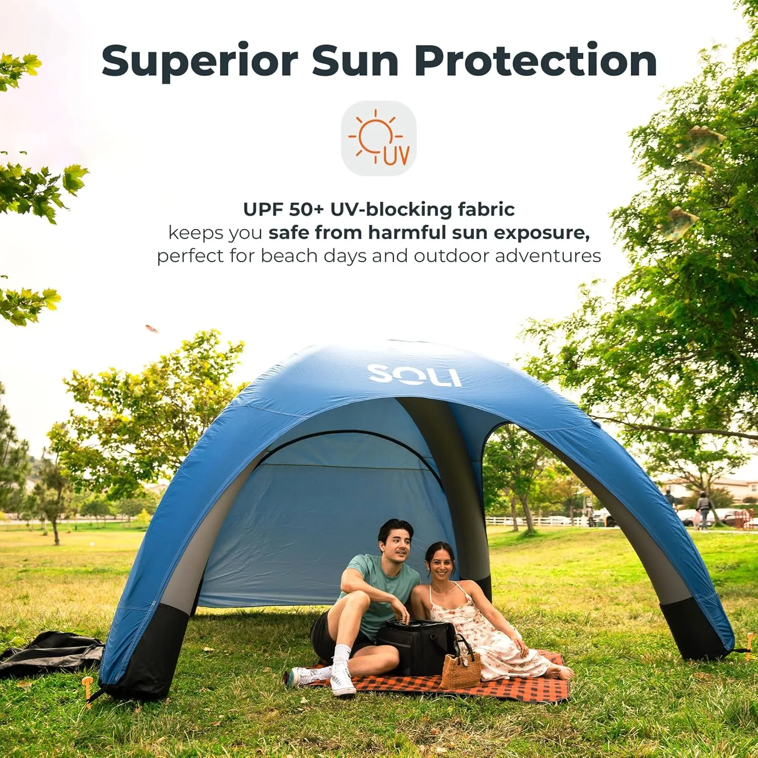 SOLI Inflatable Shade Air Canopy - Quick Self-Inflating Sun Shelter with Air Pump, UPF 50  Sun Protection, Travel-Friendly, Stable Anchors for Beach, Camping & Backyard Use (Sage Green) - 10 ft