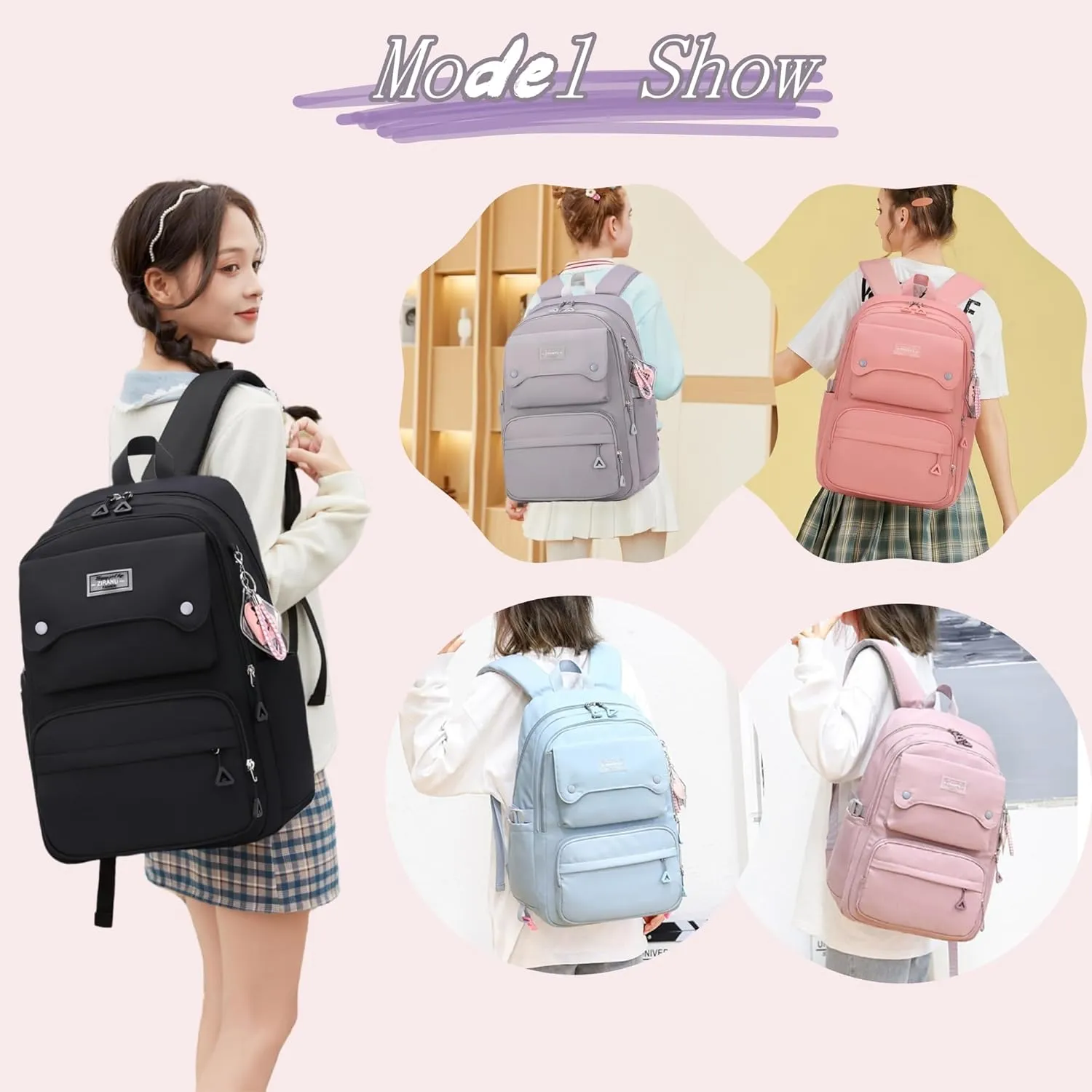 Solid Color Kids Backpack for Teens Girls, Multi-pocket School Bag Girls Backpack