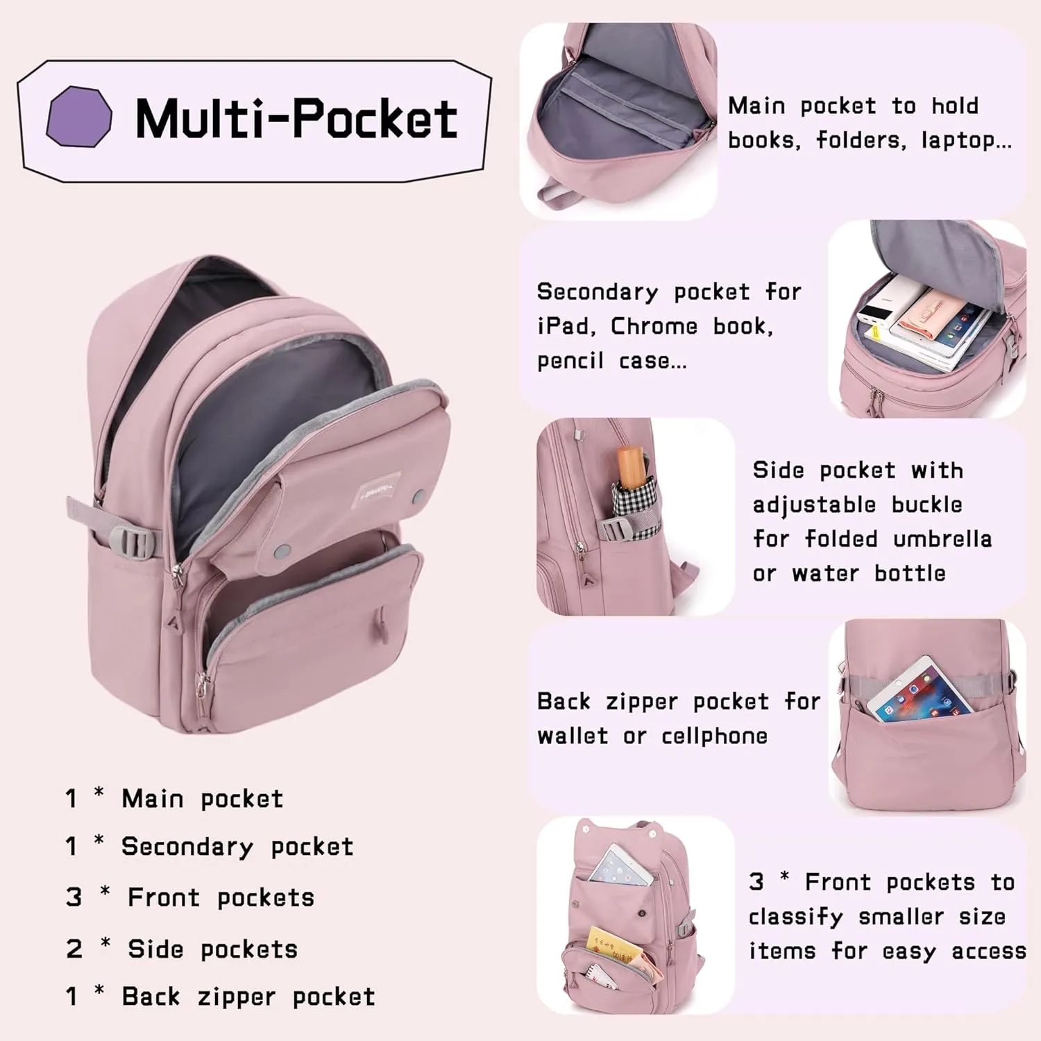 Solid Color Kids Backpack for Teens Girls, Multi-pocket School Bag Girls Backpack