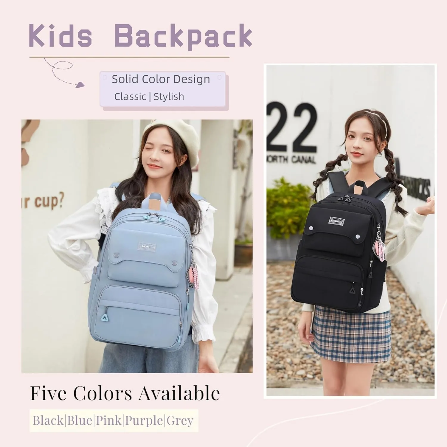 Solid Color Kids Backpack for Teens Girls, Multi-pocket School Bag Girls Backpack