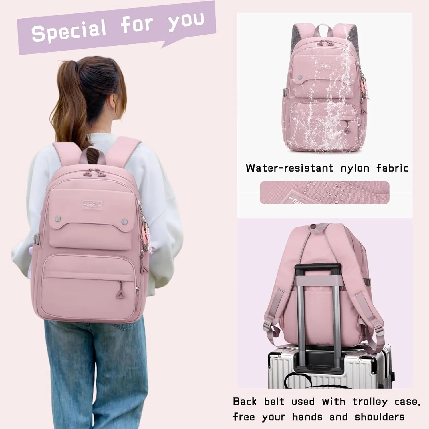 Solid Color Kids Backpack for Teens Girls, Multi-pocket School Bag Girls Backpack