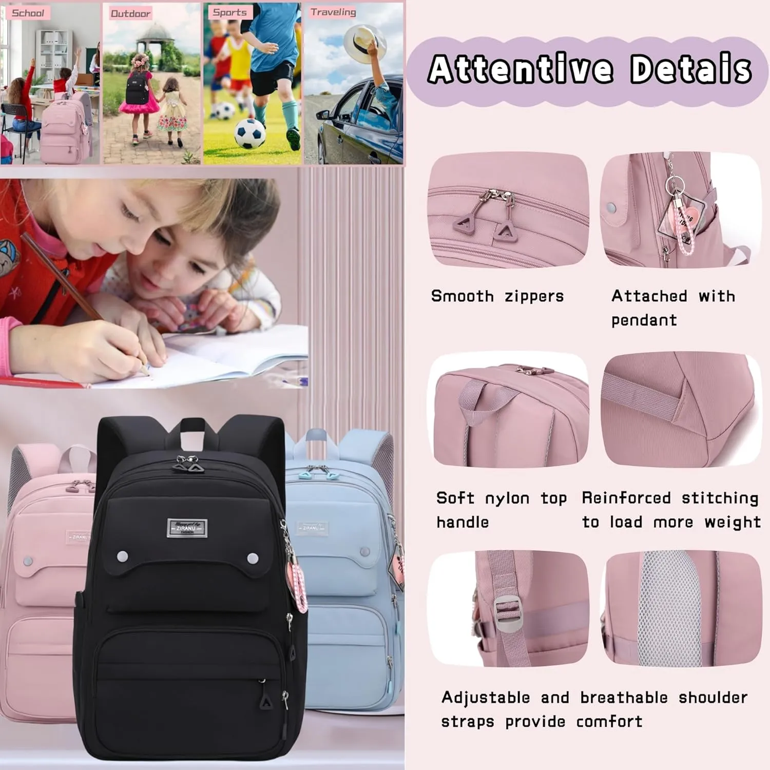 Solid Color Kids Backpack for Teens Girls, Multi-pocket School Bag Girls Backpack
