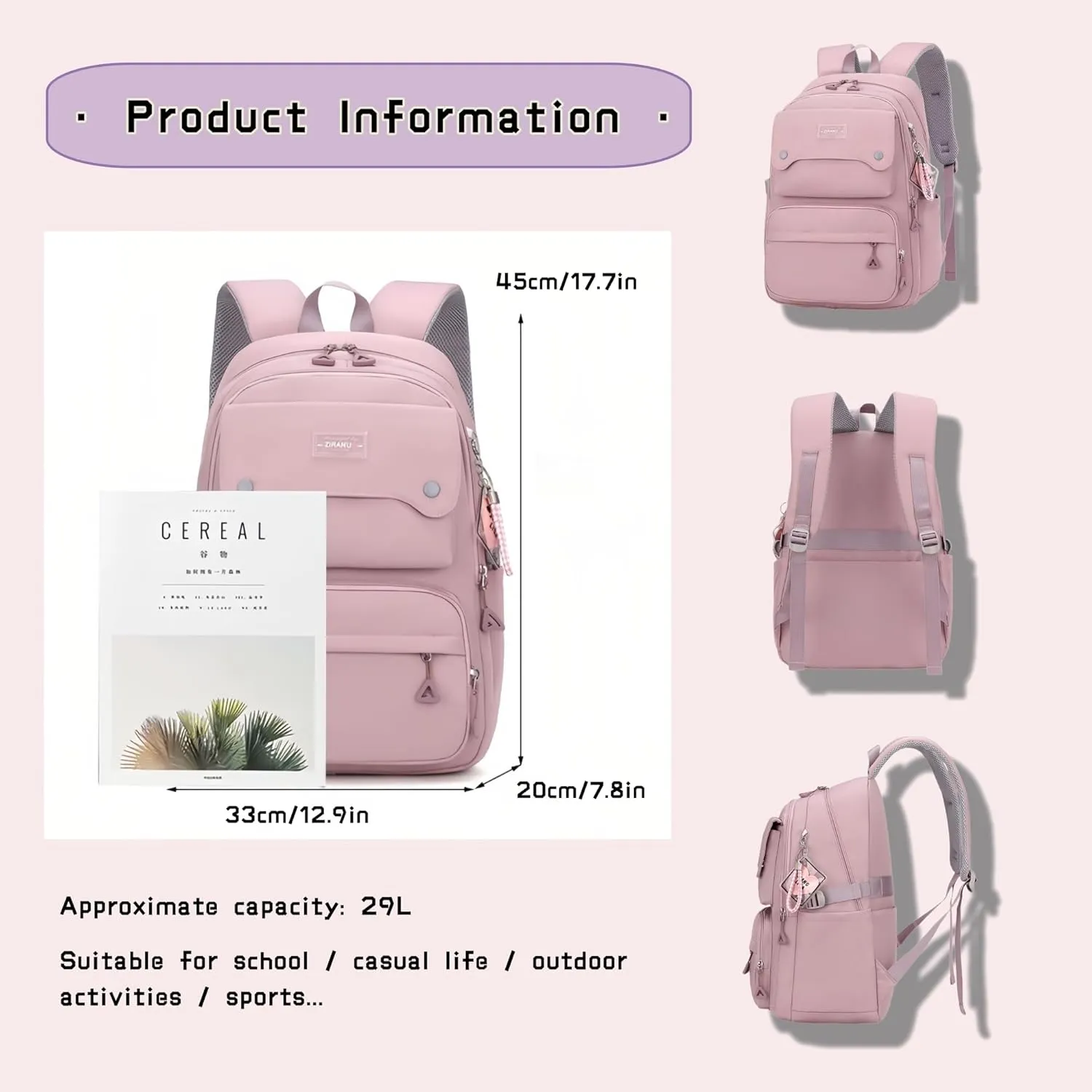 Solid Color Kids Backpack for Teens Girls, Multi-pocket School Bag Girls Backpack