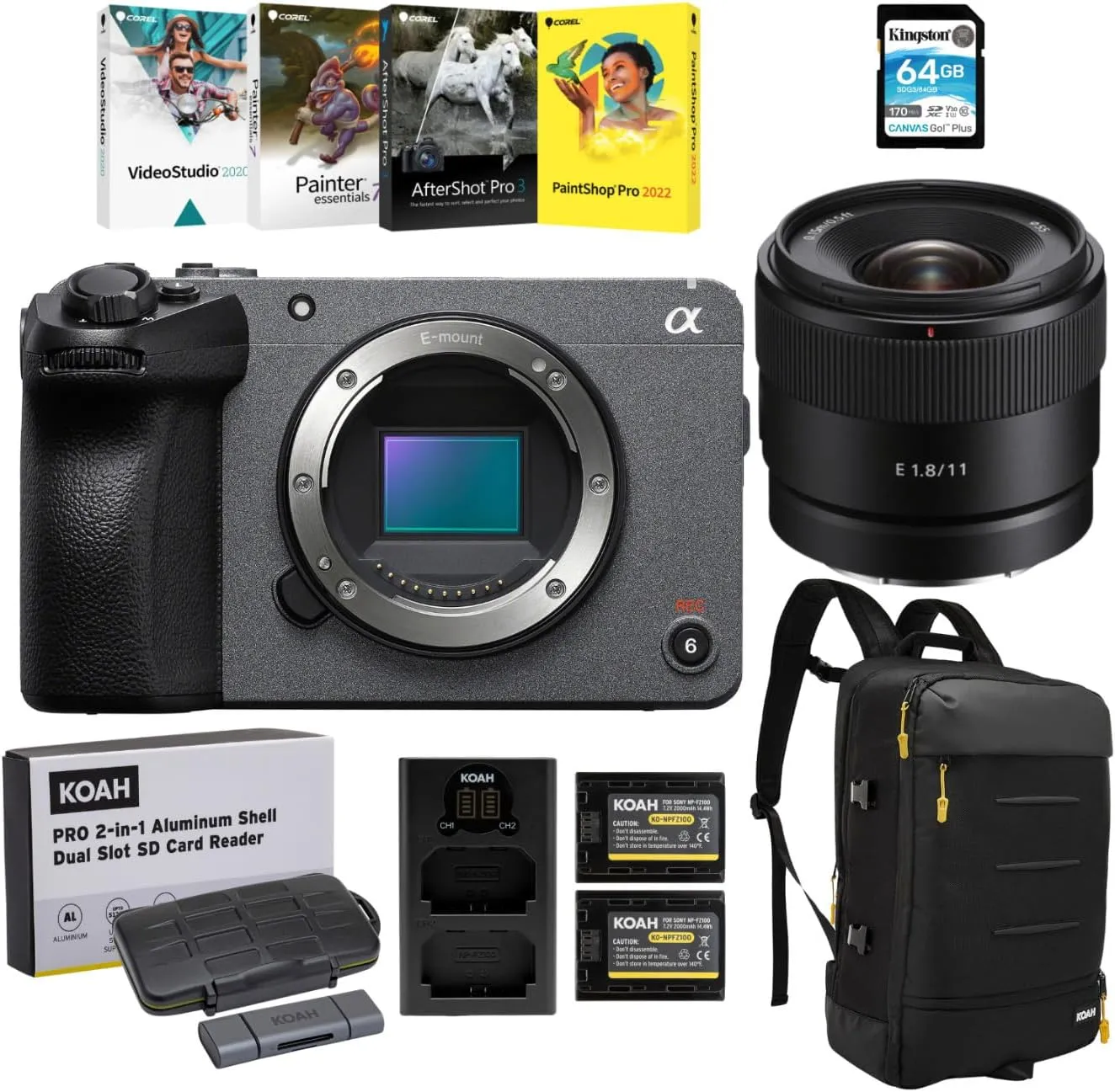 Sony Fx30 Cinema Line Super 35 Camera with 11mm F1.8 APS-C Ultra Wide Angle Prime Lens for Content Creators Bundle with 64 GB SD Card, Art Suit Softwares, Camera Gadget Bag, and Accessories (7 Items)