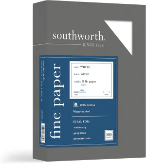 Southworth 100% Cotton Business Paper, 95 Bright, 20 lb Bond Weight, 8.5 x 11, White, 500/Ream