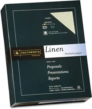 Southworth 25% Cotton Linen Business Paper, 24 lb Bond Weight, 8.5 x 11, Ivory, 500/Ream