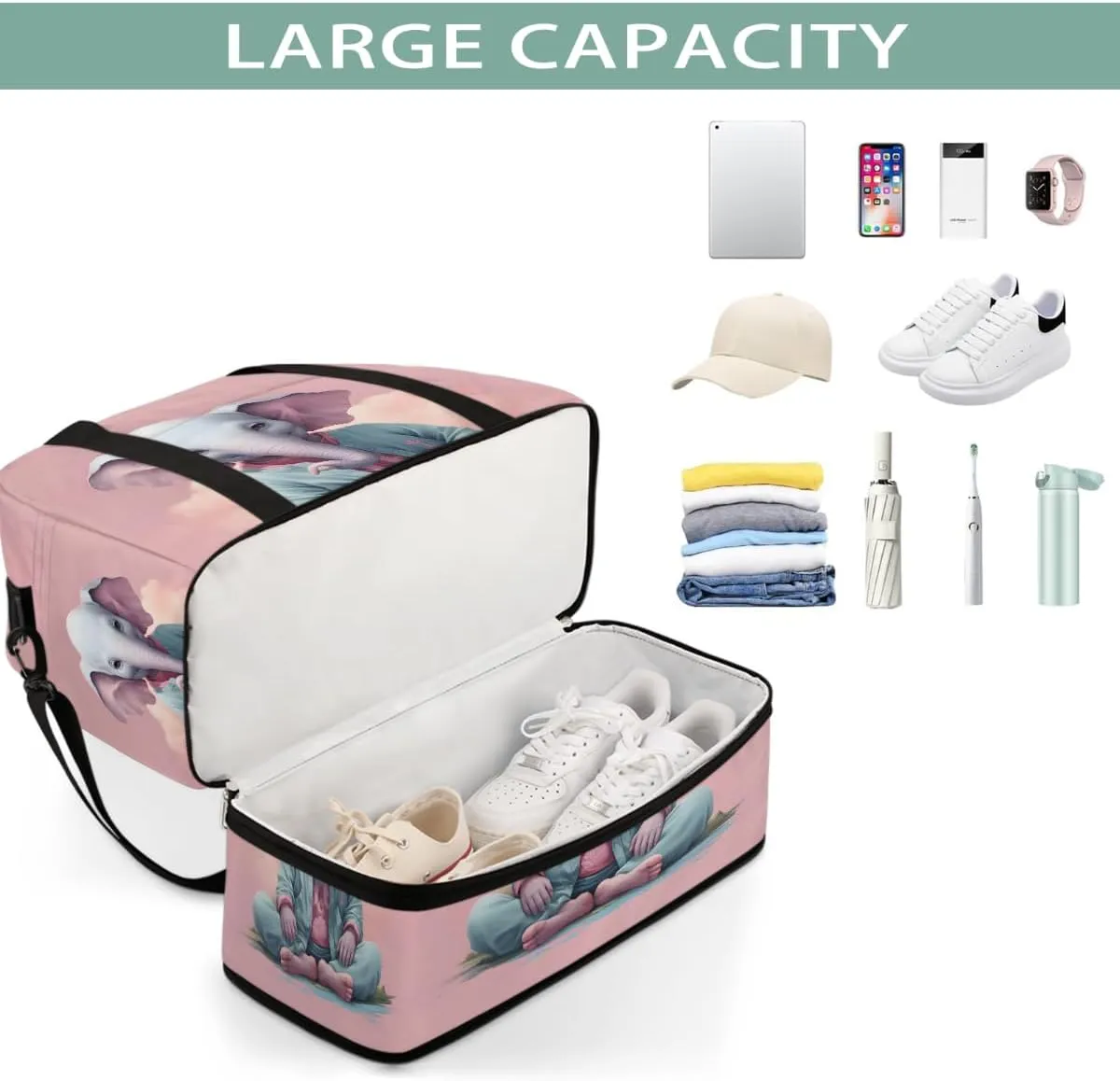 Sports Gym Bag Animal Pink Elephant Large Travel Duffel Bag With Shoe Compartment Foldable Waterproof Carry-On Weekend Travel Bags for Camping Overnight Yoga Hospital Travel Bags