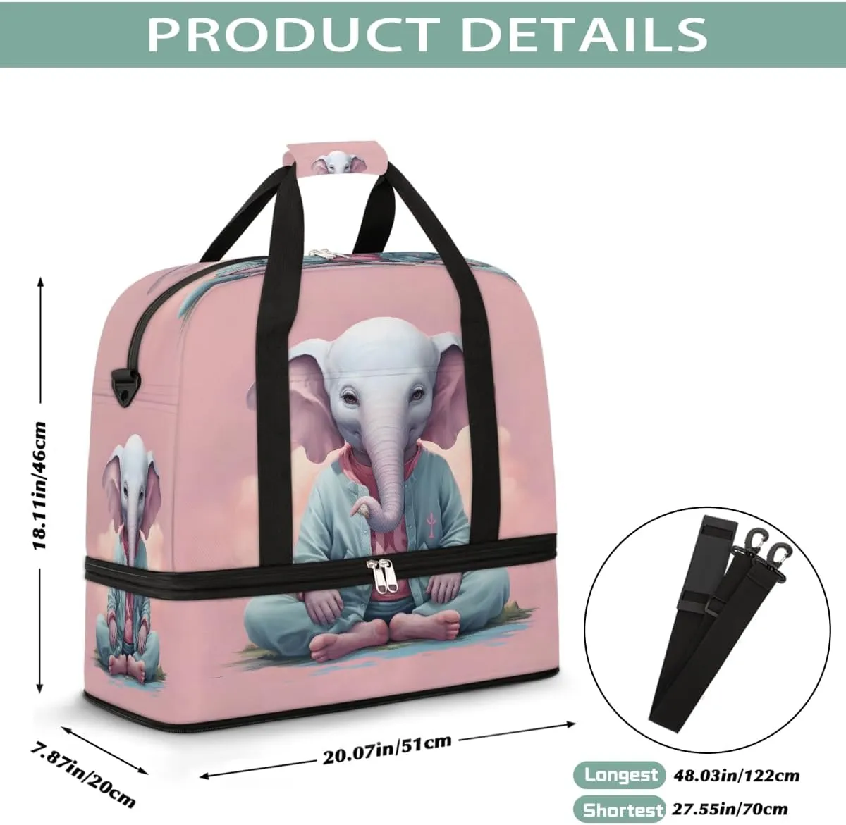Sports Gym Bag Animal Pink Elephant Large Travel Duffel Bag With Shoe Compartment Foldable Waterproof Carry-On Weekend Travel Bags for Camping Overnight Yoga Hospital Travel Bags