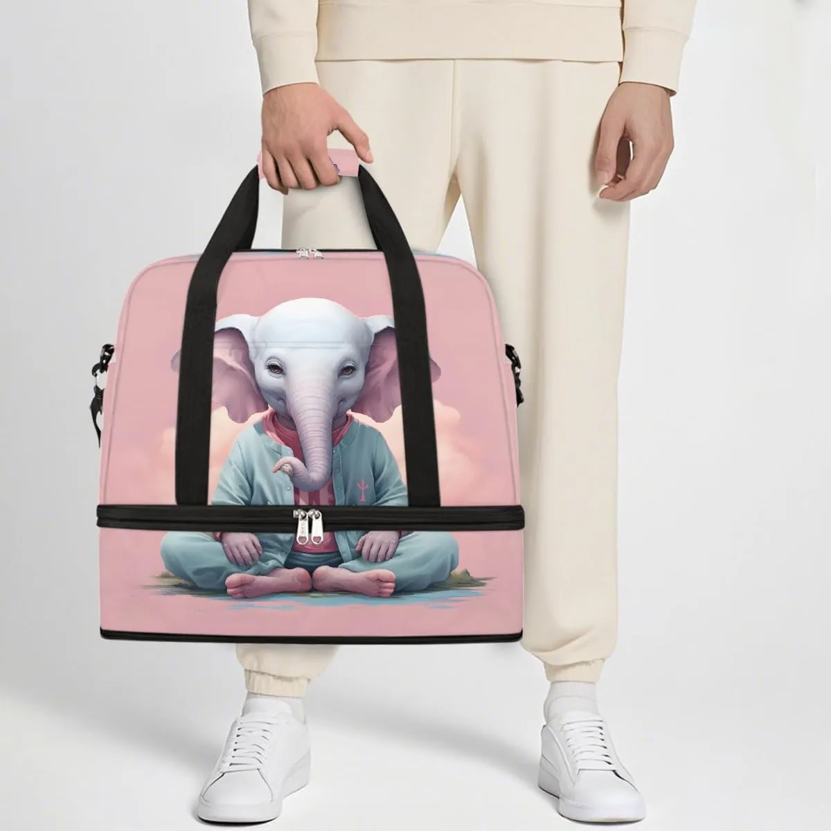 Sports Gym Bag Animal Pink Elephant Large Travel Duffel Bag With Shoe Compartment Foldable Waterproof Carry-On Weekend Travel Bags for Camping Overnight Yoga Hospital Travel Bags