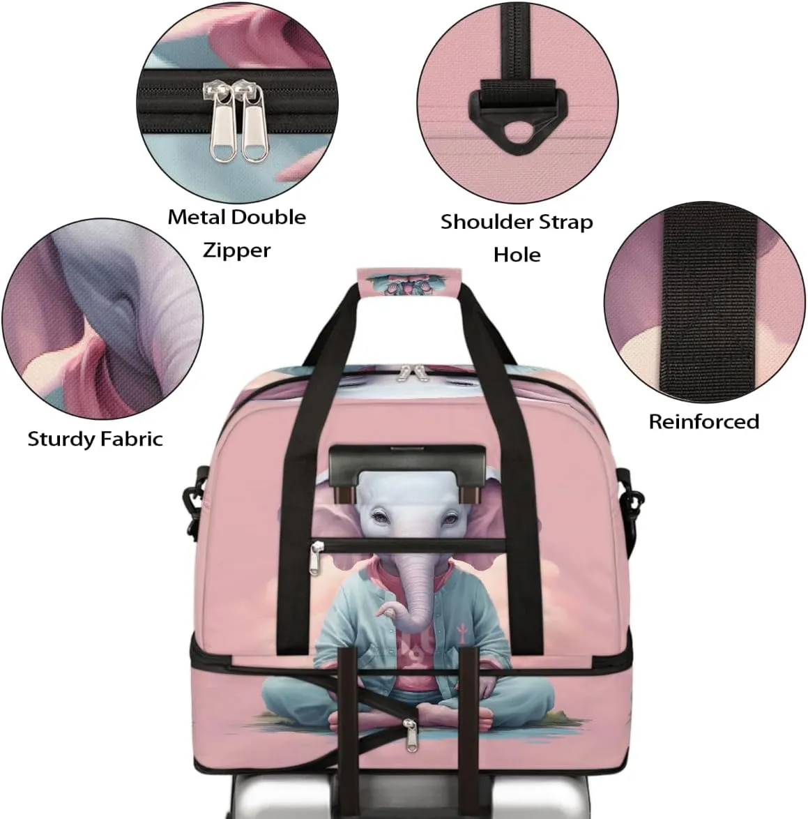 Sports Gym Bag Animal Pink Elephant Large Travel Duffel Bag With Shoe Compartment Foldable Waterproof Carry-On Weekend Travel Bags for Camping Overnight Yoga Hospital Travel Bags