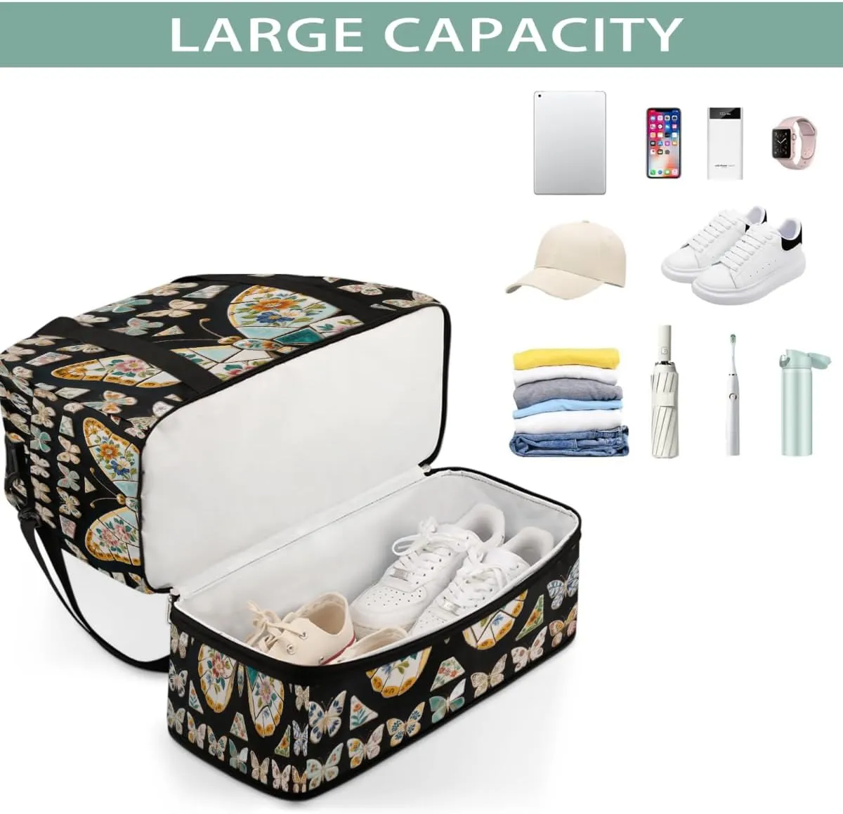 Sports Gym Bag Butterfly Pattern Creative Large Travel Duffel Bag With Shoe Compartment Foldable Waterproof Carry-On Weekend Travel Bags for Camping Overnight Yoga Hospital Travel Bags