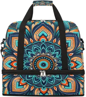 Sports Gym Bag Creative Mandala Blue Large Travel Duffel Bag With Shoe Compartment Foldable Waterproof Carry-On Weekend Travel Bags for Camping Overnight Yoga Hospital Travel Bags