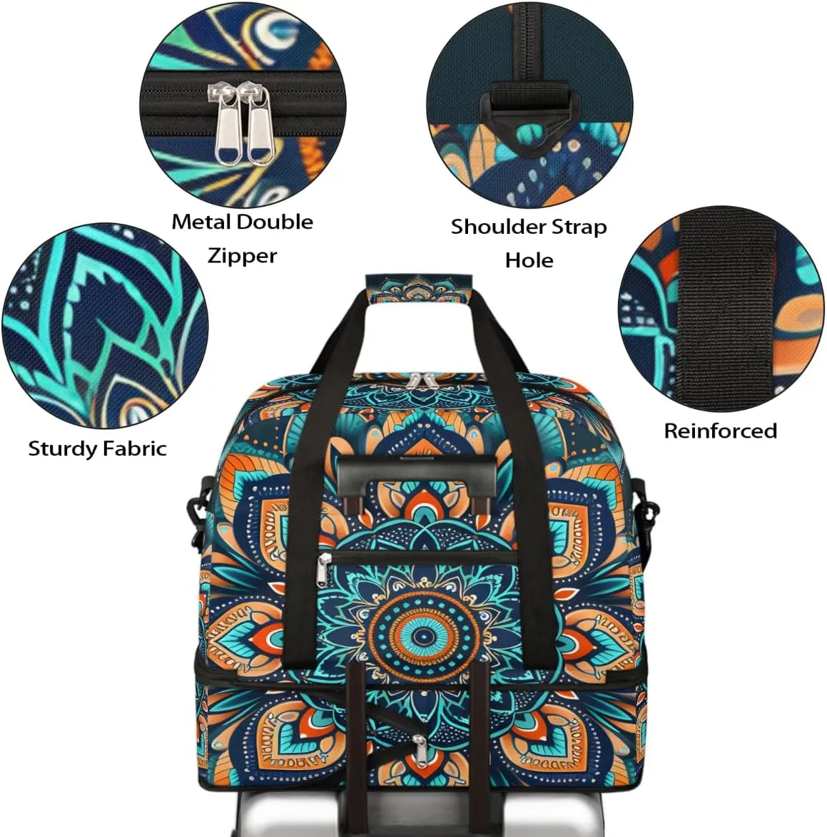 Sports Gym Bag Creative Mandala Blue Large Travel Duffel Bag With Shoe Compartment Foldable Waterproof Carry-On Weekend Travel Bags for Camping Overnight Yoga Hospital Travel Bags