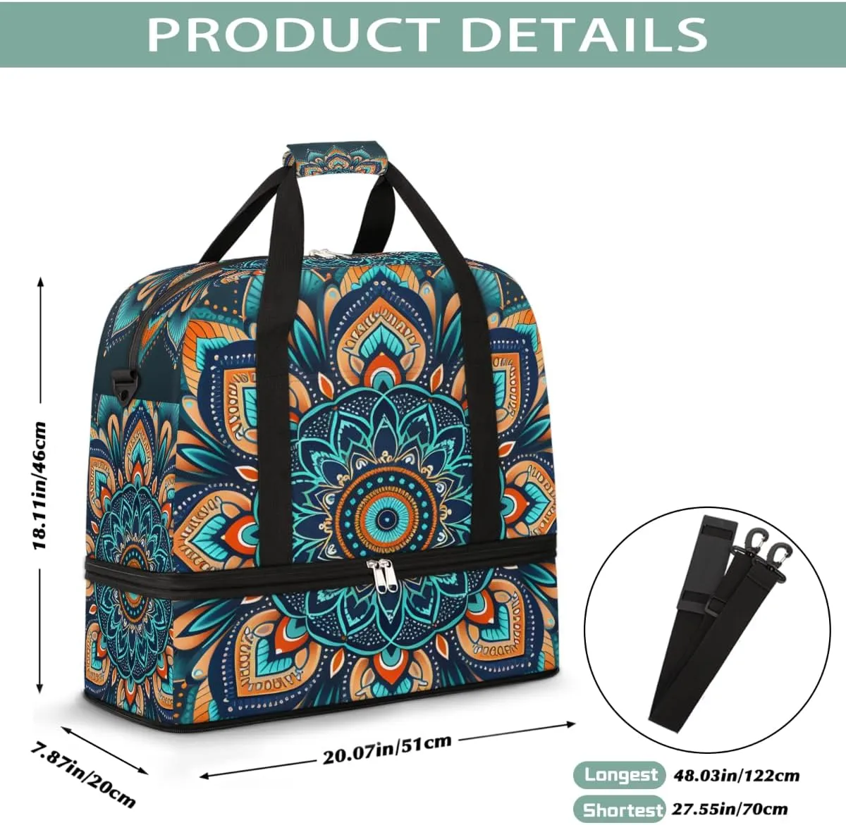Sports Gym Bag Creative Mandala Blue Large Travel Duffel Bag With Shoe Compartment Foldable Waterproof Carry-On Weekend Travel Bags for Camping Overnight Yoga Hospital Travel Bags